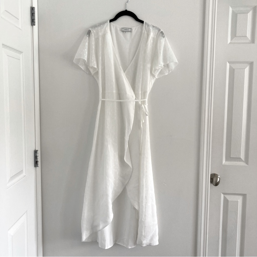 RIHOAS flowy wrap dress with tie waist, semi sheer sleeves, fully lined, size M